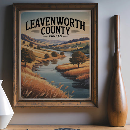 Leavenworth County, Kansas vintage travel poster with scenic river and landscape.