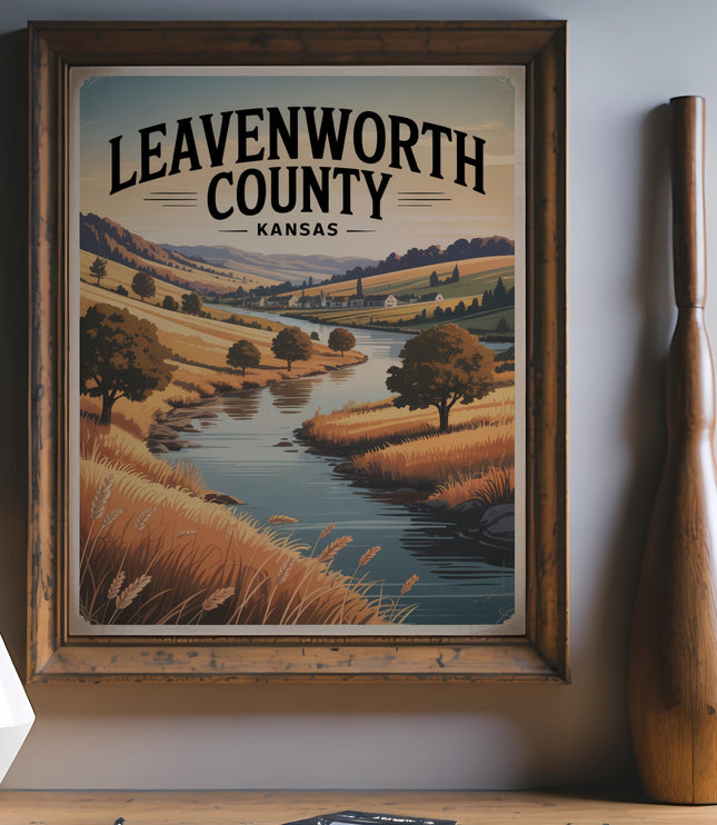 Leavenworth County, Kansas vintage travel poster with scenic river and landscape.