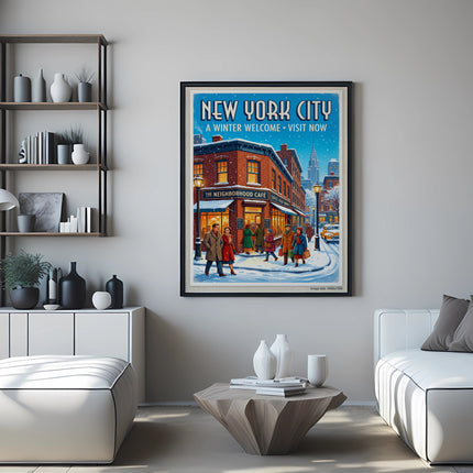 New York City winter welcome poster with a neighborhood cafe.