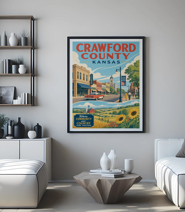 Vintage travel poster for Crawford County, Kansas, with a red car and sunflowers.