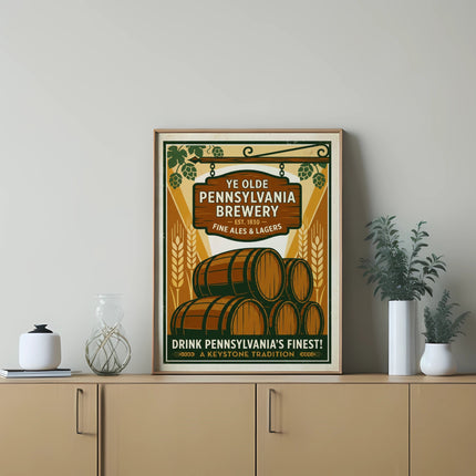 Ye Olde Pennsylvania Brewery sign with barrels and hops.