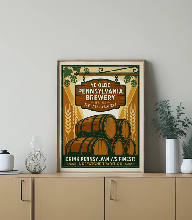 Ye Olde Pennsylvania Brewery sign with barrels and hops.