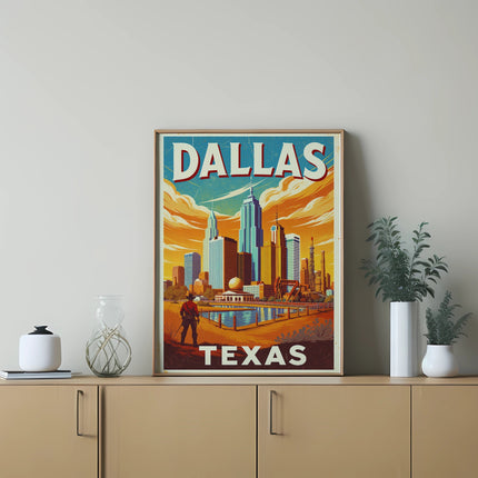 Dallas, Texas skyline poster with a person standing in foreground.