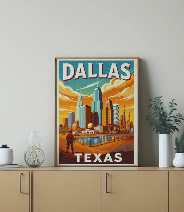 Dallas, Texas skyline poster with a person standing in foreground.