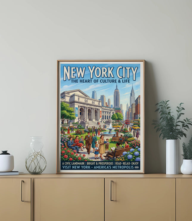 New York City poster art featuring the public library and city skyline with people enjoying the park.
