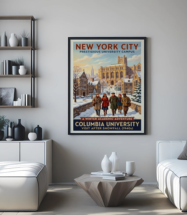 New York City Columbia University winter campus poster with title and subtitle.
