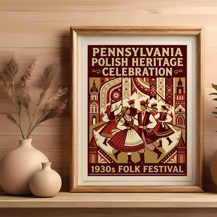 Framed poster for Pennsylvania Polish Heritage Celebration 1930s Folk Festival.