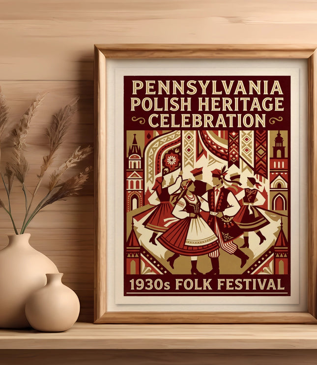 Framed poster for Pennsylvania Polish Heritage Celebration 1930s Folk Festival.