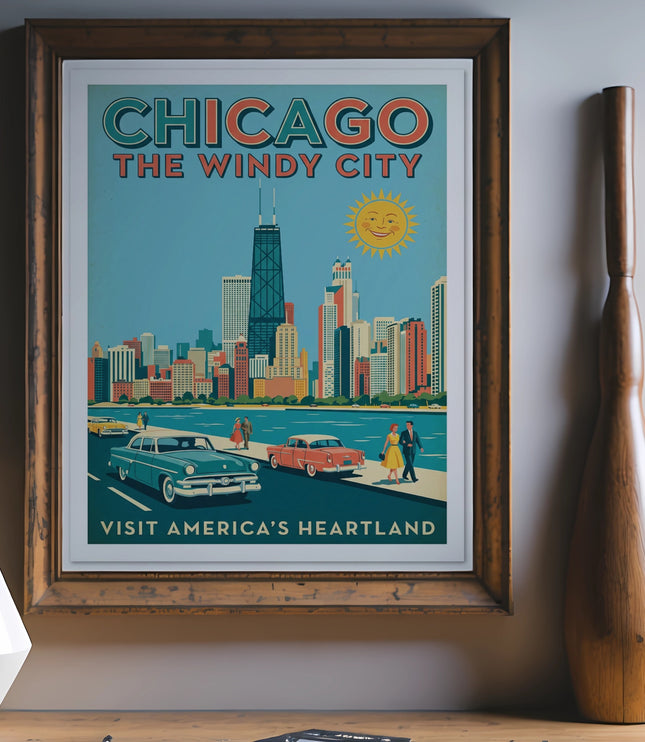 Framed vintage Chicago skyline poster with retro cars and the text "Chicago The Windy City".