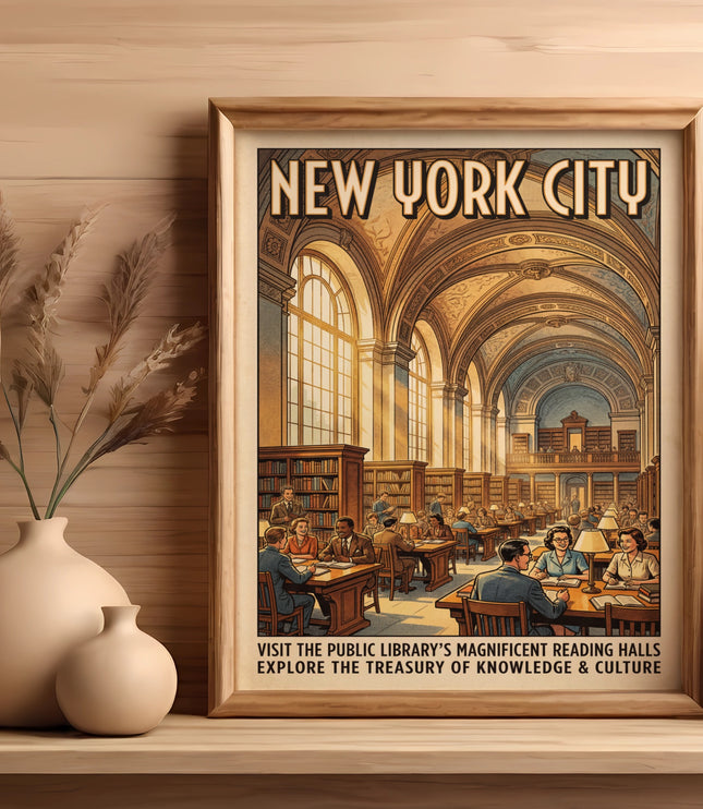 New York City poster depicting a library interior with people reading.