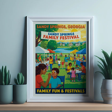 Sandy Springs, Georgia Family Fun & Festivals poster with diverse families enjoying outdoor activities.