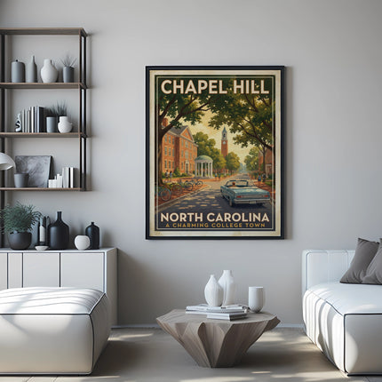 Chapel Hill North Carolina vintage travel poster with buildings, trees, and car.