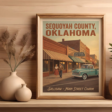 Sequoyah County, Oklahoma: Sallisaw Drug Store, vintage truck, strolling couple, and main street charm.