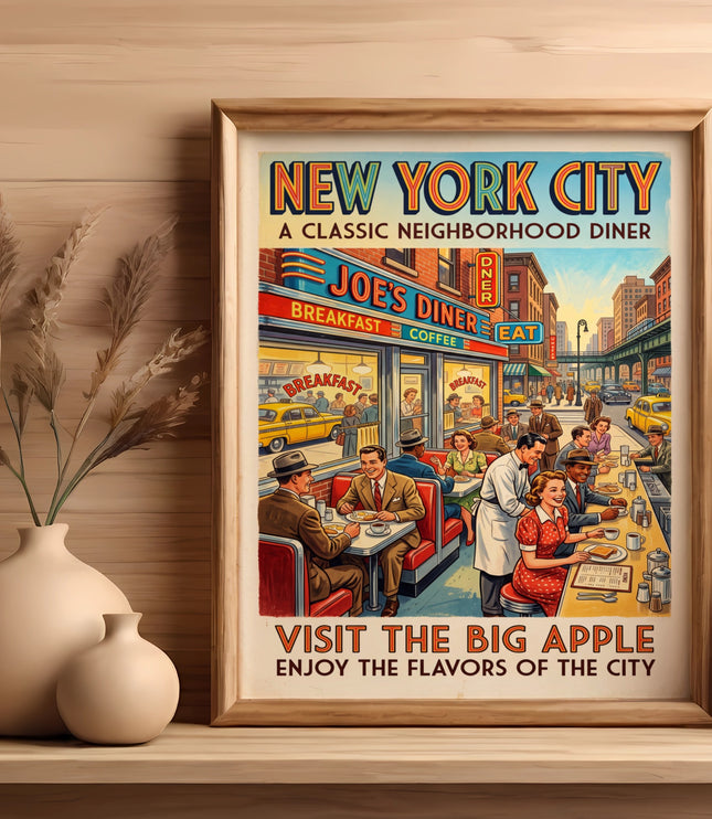 Vintage poster of a New York City diner scene with the text "Joe's Diner".