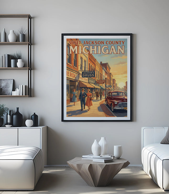 Vintage poster of Jackson County, Michigan with people and a red car.