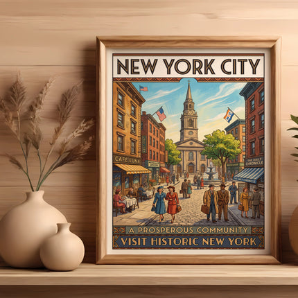 Framed "New York City" poster depicting a historic street scene with buildings and people.