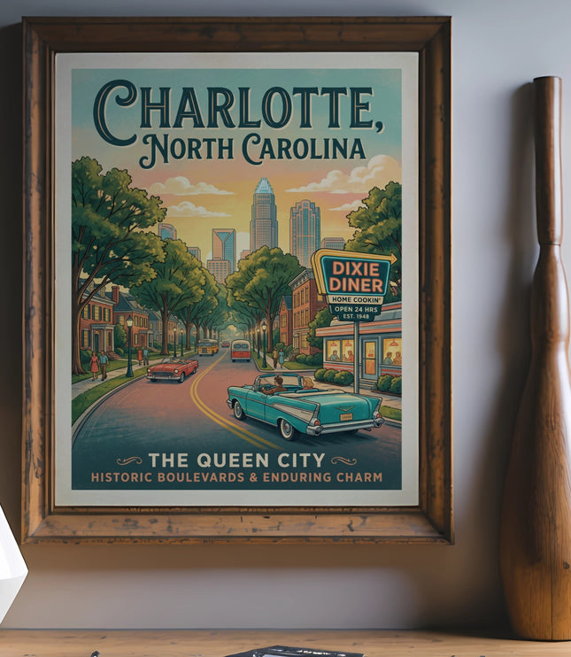 Vintage Charlotte, North Carolina poster featuring skyline, Dixie Diner, and classic cars.