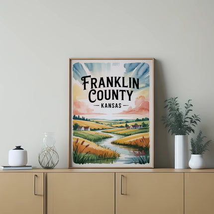 Franklin County Kansas landscape art print with river and fields.