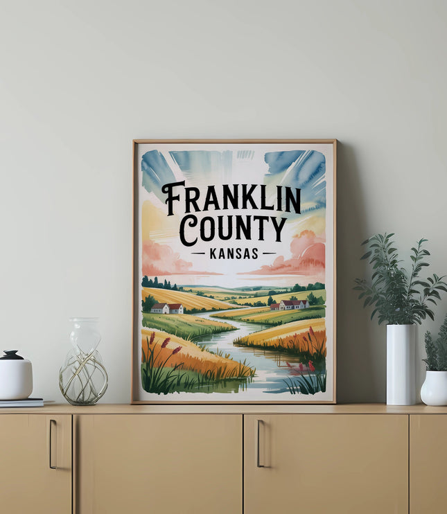 Franklin County Kansas landscape art print with river and fields.