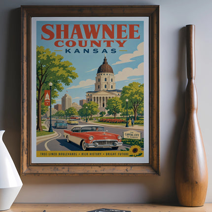 Vintage Shawnee County, Kansas poster featuring Topeka, a classic car, and state capitol building.