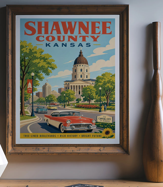 Vintage Shawnee County, Kansas poster featuring Topeka, a classic car, and state capitol building.