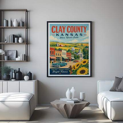 Clay County, Kansas travel poster with vintage town scene and sunflowers.