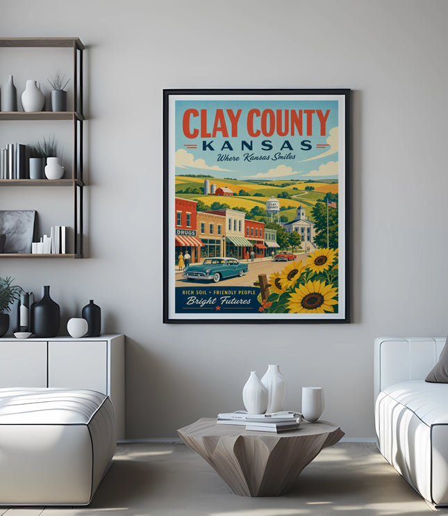 Clay County, Kansas travel poster with vintage town scene and sunflowers.