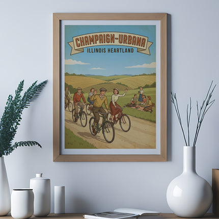 Champaign-Urbana Illinois Heartland poster with cyclists and a picnic scene.