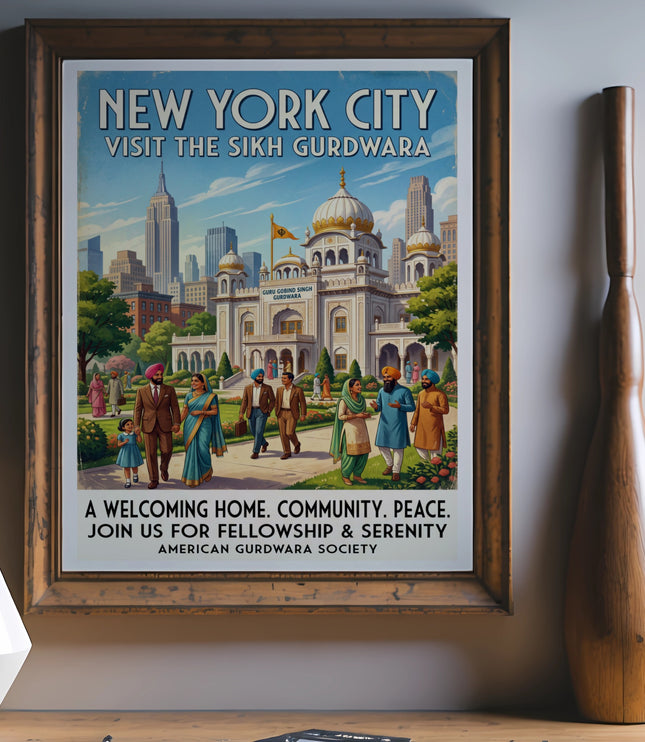 New York City Sikh Gurdwara poster with people and skyline, inviting visitors.