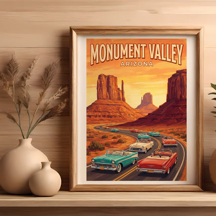 Poster with "Monument Valley Arizona" showing desert landscape and vintage cars.