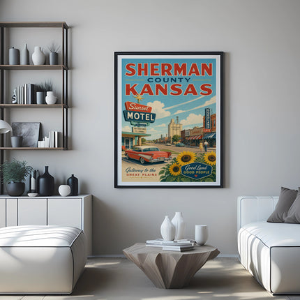Vintage Sherman County Kansas Sunset Motel travel poster with text.