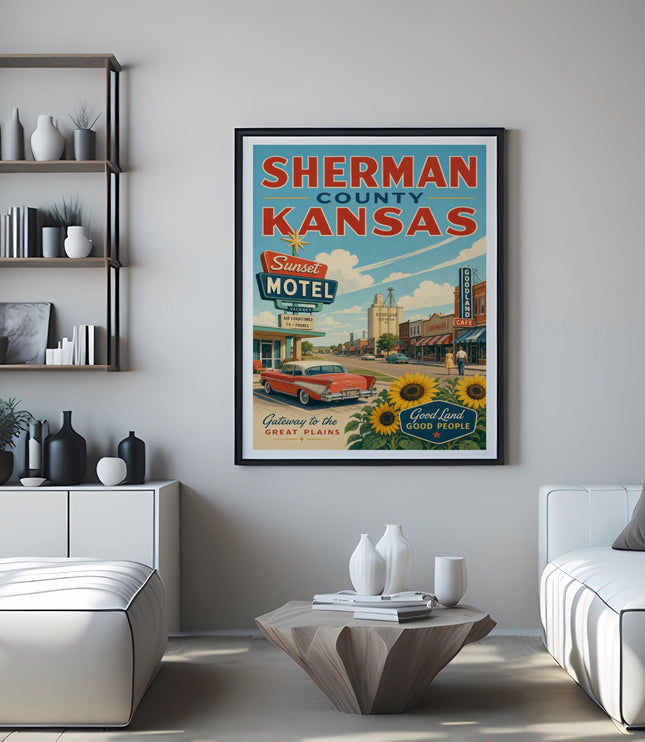 Vintage Sherman County Kansas Sunset Motel travel poster with text.