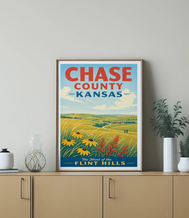 Chase County Kansas Flint Hills scenic landscape poster with text.