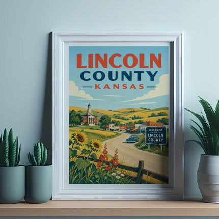 Vintage poster of Lincoln County, Kansas, with sunflowers and a country road.