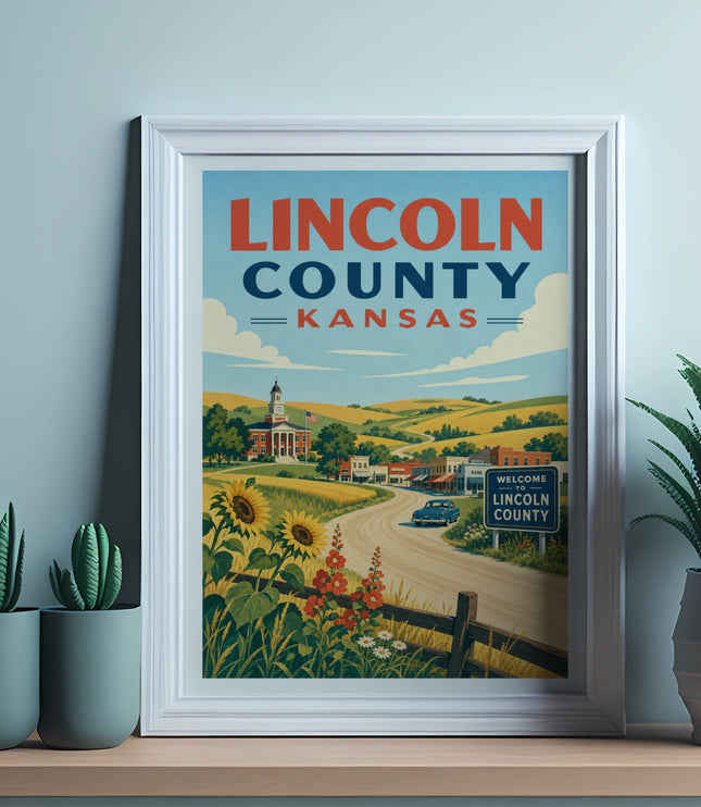 Vintage poster of Lincoln County, Kansas, with sunflowers and a country road.