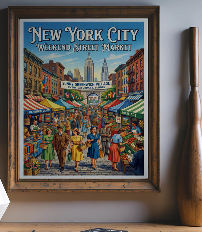 New York City Weekend Street Market framed print depicting Sunny Greenwich Village.