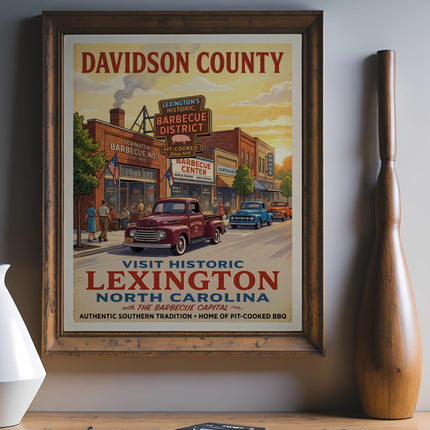 Davidson County, Lexington North Carolina vintage travel poster showing barbeque district and trucks.