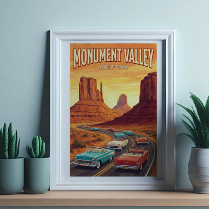 Poster art of Monument Valley Arizona with vintage cars driving on a winding road.