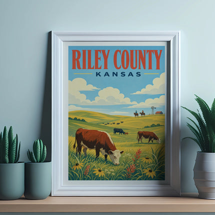 Vintage poster of Riley County, Kansas landscape with cows grazing.
