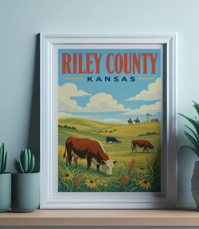 Vintage poster of Riley County, Kansas landscape with cows grazing.