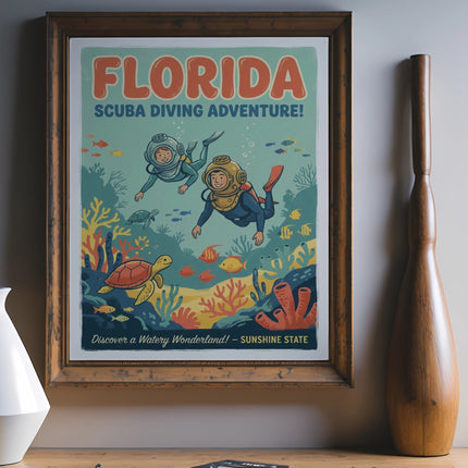 Retro Florida scuba diving poster with divers, sea turtle, and colorful fish.