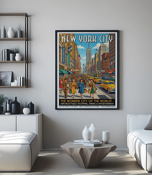 New York City vintage travel poster with street scene and text.