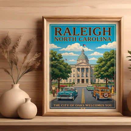 Raleigh, North Carolina vintage poster with state capitol building and cars.