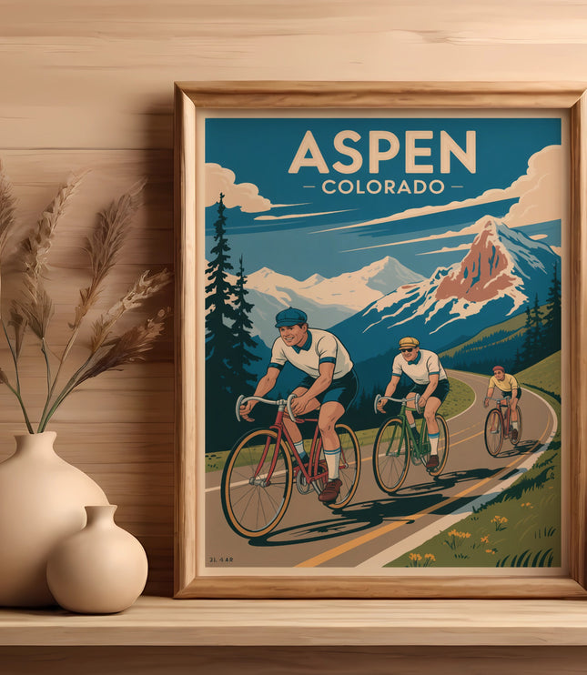 Vintage Aspen Colorado poster art with cyclists on a mountain road.