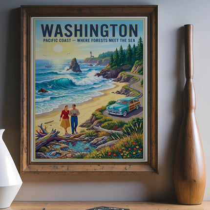 Vintage "Washington Pacific Coast" travel poster with couple, car, and lighthouse.