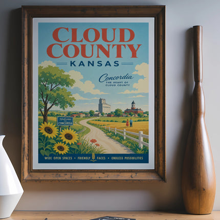 Poster for Cloud County, Kansas, featuring Concordia, sunflowers, and scenic countryside.