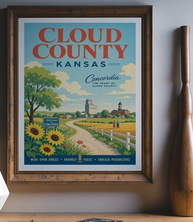 Poster for Cloud County, Kansas, featuring Concordia, sunflowers, and scenic countryside.