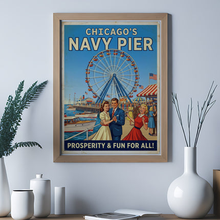 Vintage Navy Pier poster with Ferris wheel, couple, and text "Prosperity & Fun For All!".