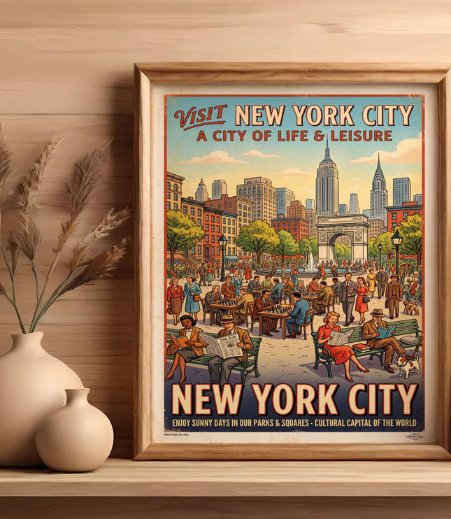 Vintage-style poster of New York City landmarks and people enjoying park activities.