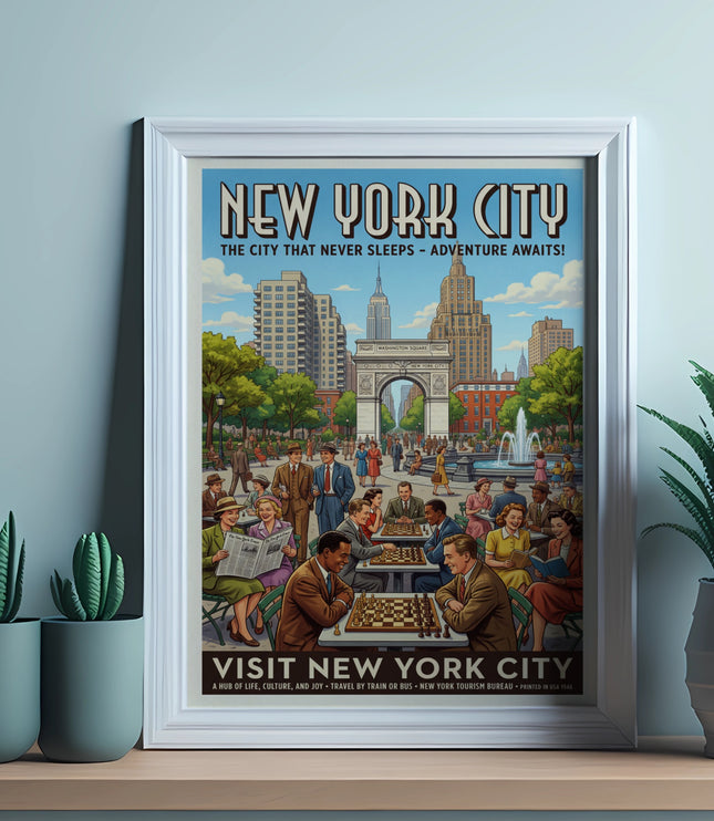 New York City vintage poster showing Washington Square Park with text.